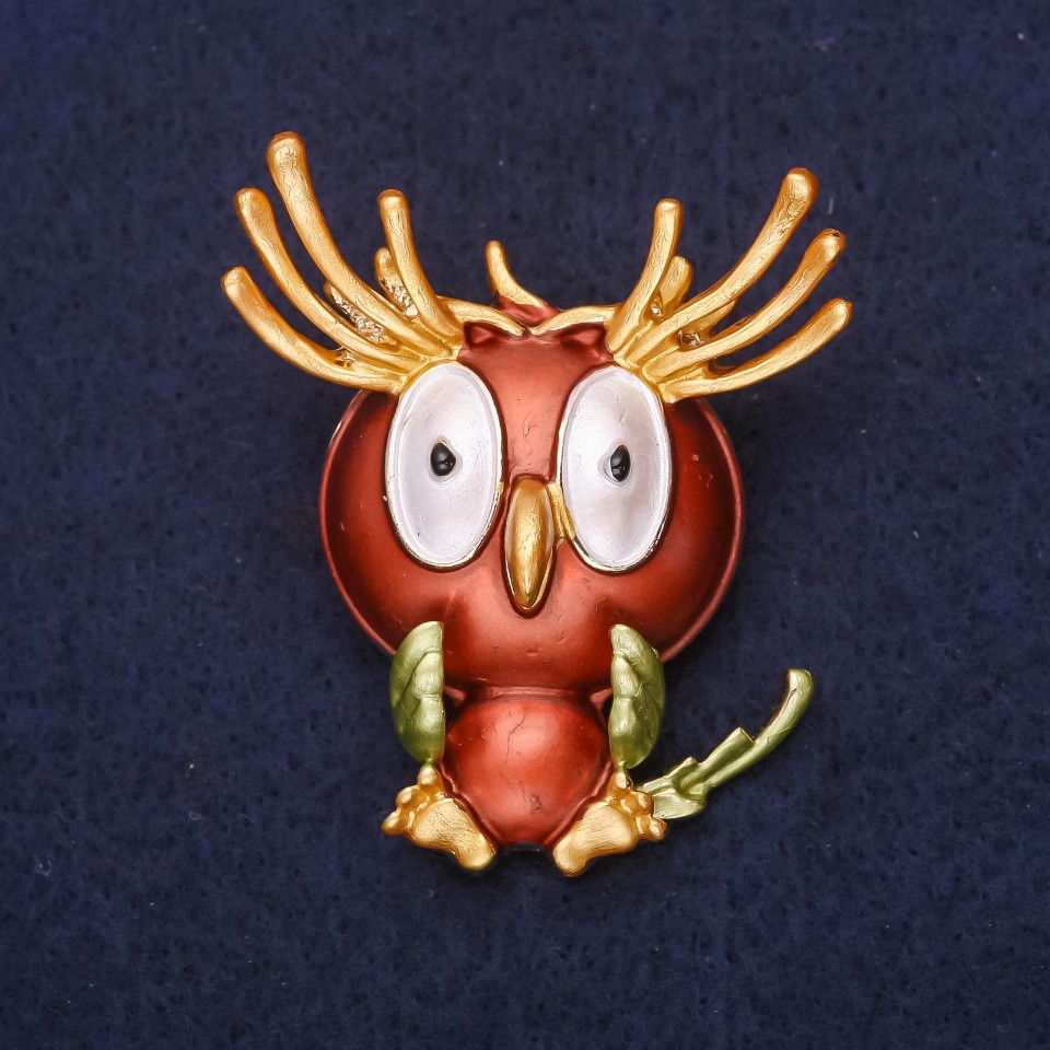 Брошка Сова "Доброго ранку" емаль стрази колір жовтий коричневий зелений білий 47х38мм золотистий метал, фото 1