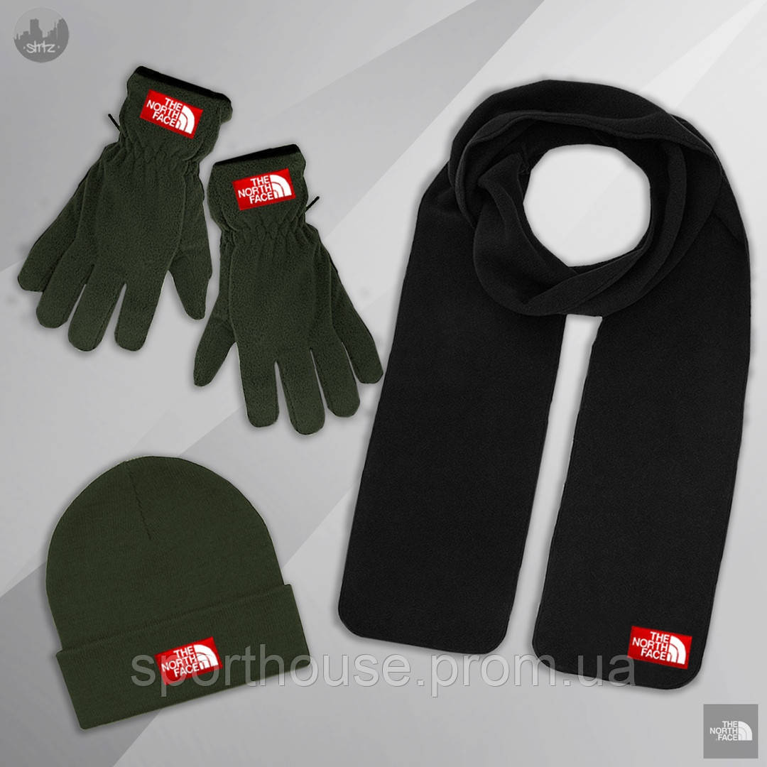 Чоловічий комплект шапка + шарф + рукавички The North Face чорного і зеленого кольору (люкс)