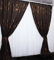 Ткань лен с узором "листья", темно коричневый