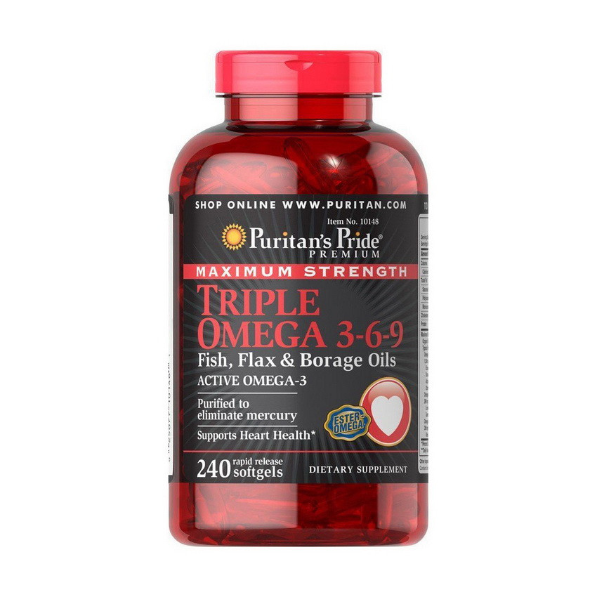 Омега 3-6-9 Puritan's Pride Maximum Strength Triple Omega 3-6-9 Fish, Flax & Borage Oils 240 капсул, фото 1