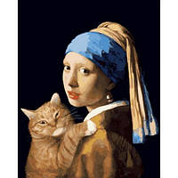Картина по номерам Девушка с жемчужной сережкой с котом (VP1171) 40 х 50 см DIY Babylon