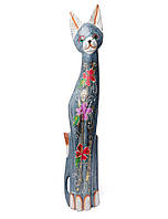 Статуэтка кошка деревянная голубая в цветах высота 80см