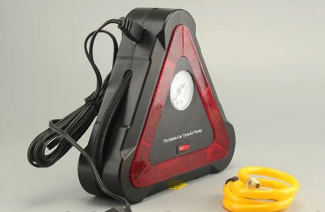 [ОПТ] Автомобільний насос Air Compressor DC 12V зі світловідбивачами і ліхтариком у формі трикутника, фото 1