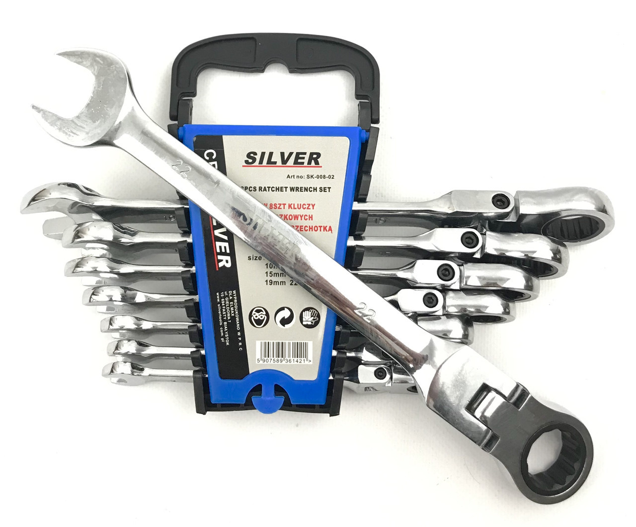 Набір ключів ріжково-накидних із тріскачкою на шарнірах Silver 8 шт. 8-22 мм SK-008-02, фото 1