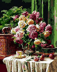 Картина розмальовка за номерами на полотні Квіти Бордові троянди та гранати 40х50 см Mariposa Turbo