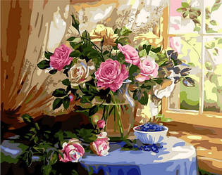 Картина розмальовка за номерами Квіти Натюрморт із трояндами та чорницею 50х40 см Mariposa Turbo