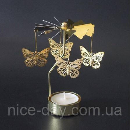 Підсвічник-карусель обертовий Метелик золотий маленький / Декоративний підсвічник металевий
