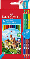 Олівці кольорові Faber-Castell 12 кольорів "Замок" + 3 двоколірні олівці + стругачка, 110312