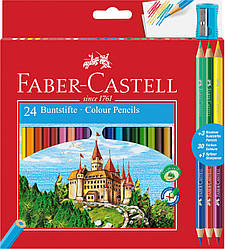 Олівці кольорові Faber-Castell 24 кольори "Замок" + 3 двоколірні олівці + стругачка, 110324