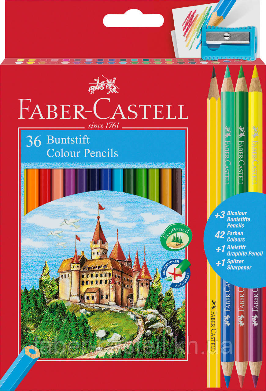 Олівці кольорові Faber-Castell 36 кольорів "Замок" + 3 двоколірні олівці + 1 чорнографітний + стругачка, 110336