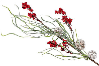 Декоративна штучна гілка "Червоні Ягоди та Шишки" 60 см, колір — червоний, гарний декор, набір 24 шт.