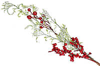 Декоративная искусственная ветка "Ягоды в инее" 60 см, цвет - красный и белые, красивый декор, набор 24 шт