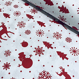 Бавовняна тканина (ТУРЕЧЧИНА шир. 2,4 м) ялинки, олені, сніжинки, сніговики червоні на білому