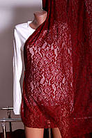 Ткань гипюр набивной - бордо, спелая вишня с цветочным узором