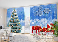 Новорічні Фото Штори "Блакитна Ялина та подарунки" 2,7м*2,9м (2 полотна по 1,45м), тасьма