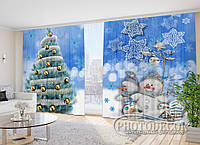 Новогодние Фото Шторы "Голубая Ель и Снеговики" 2,7м*2,9м (2 полотна по 1,45м), тесьма