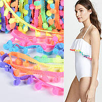 Тасьма з помпонами 10мм веселка (зелений, синій, помаранчевий, рожевий, фіолетовий) (52314.016)