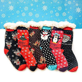 Новорічні жіночі хутряні шкарпетки з силіконом на стопі