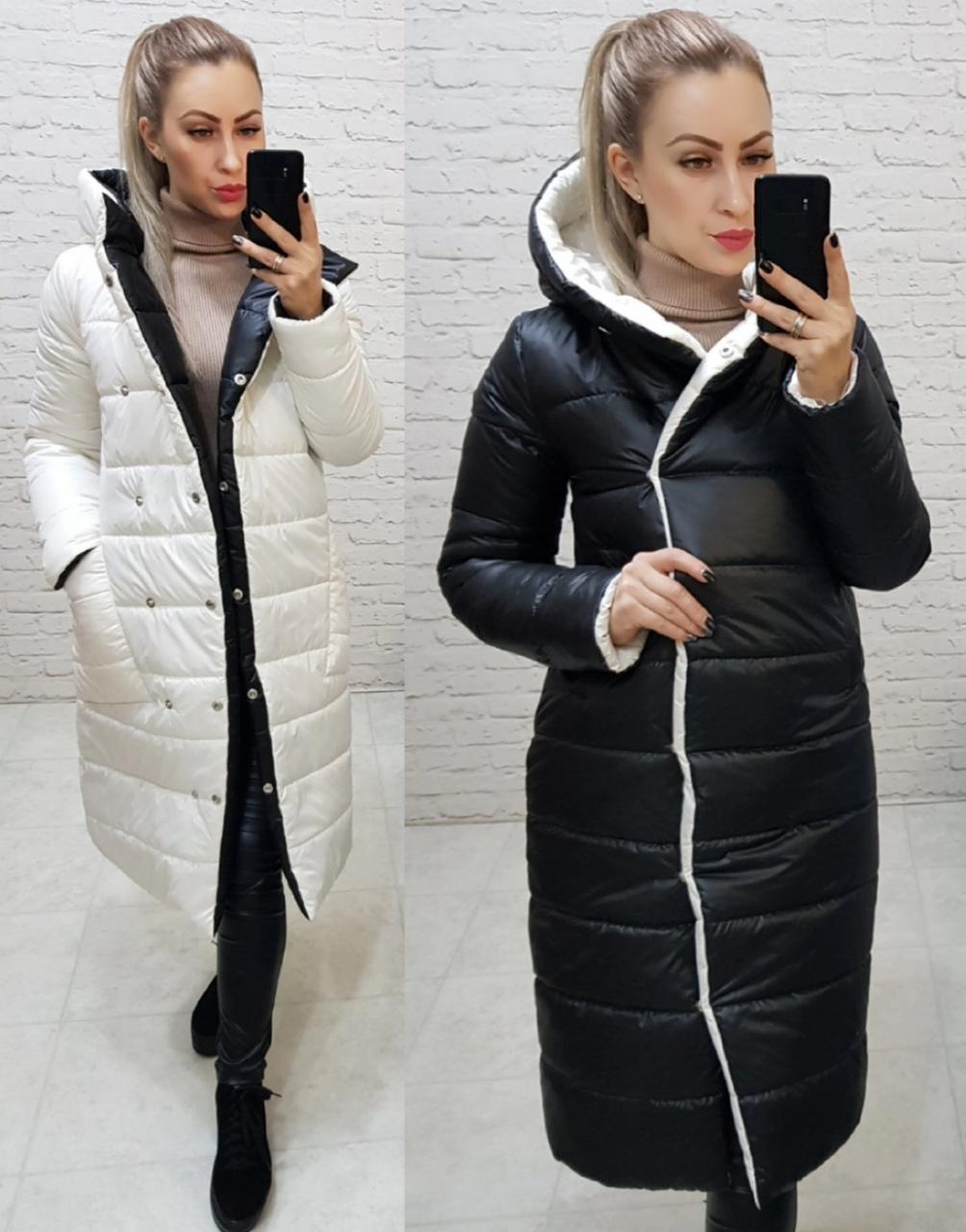 Куртка євро-зима двостороння з капюшоном арт. 1007 чорний з молочним / чорний з молоком, фото 1