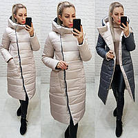 Куртка євро зима двостороння з капюшоном арт. 1007 бежевий + сірий / сіро - бежева пудра