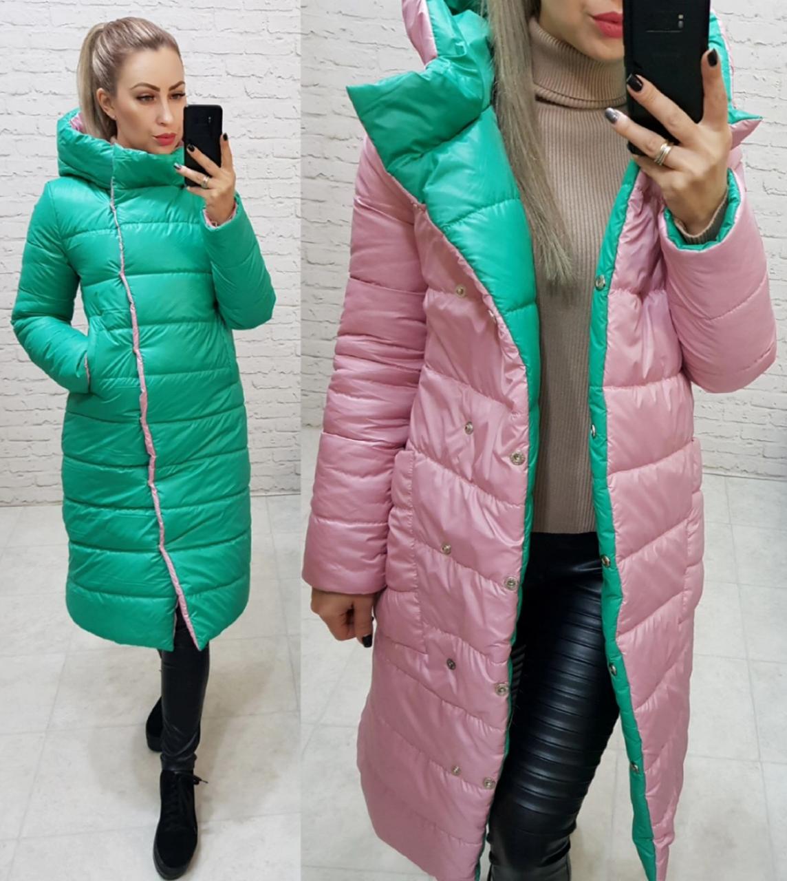 Куртка євро зима двостороння з капюшоном арт. 1007 пудра + смарагд, фото 1