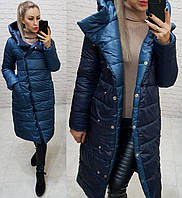 Куртка євро зима двостороння з капюшоном арт. 1007 темно синій + аквамарин