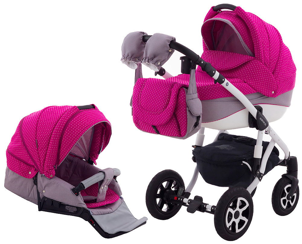 Коляска 2 в 1 Adamex Erika Len 400W малиновий (візерунок серця) -сірий, фото 1