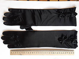 Рукавички жіночі атласні подовжені, 35 см. Чорні з перлинками і бантиками