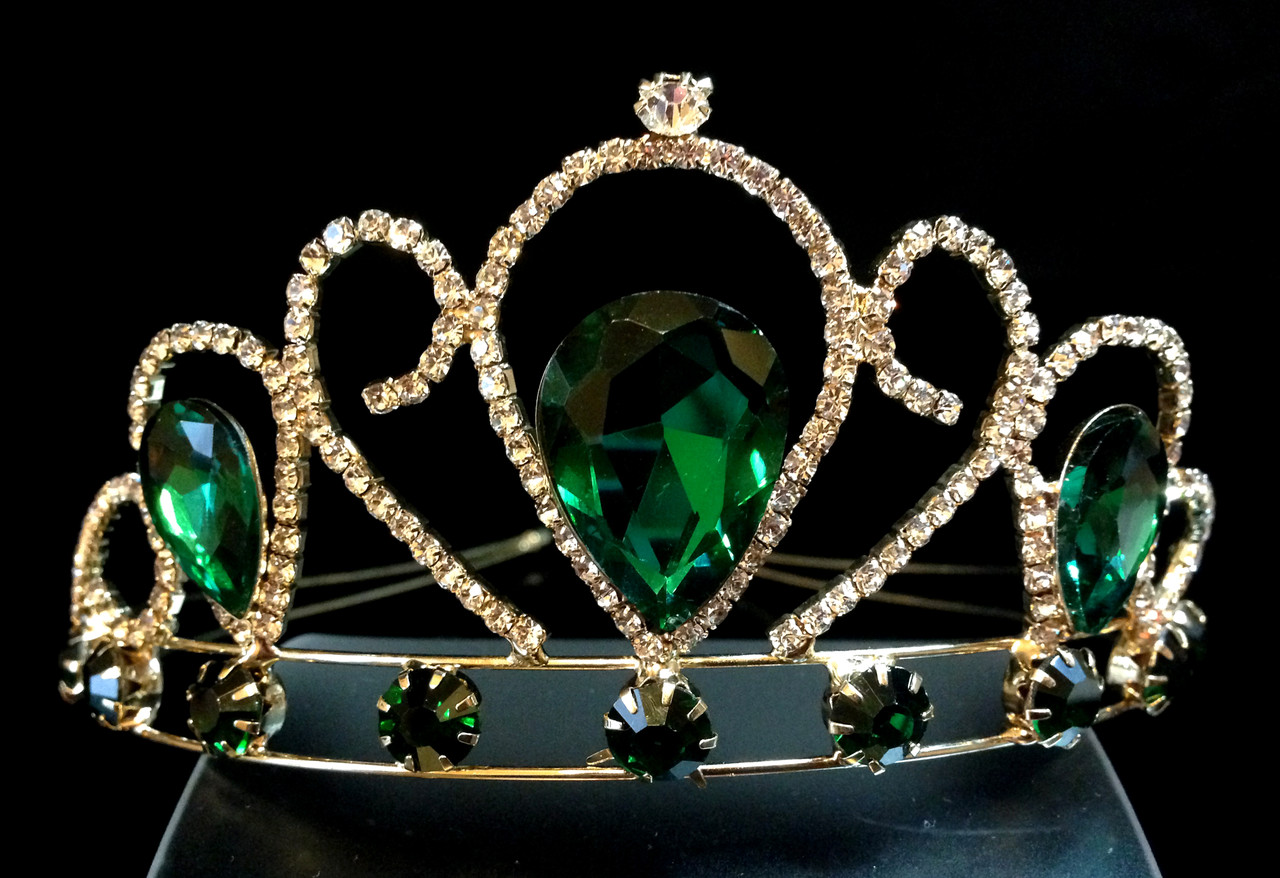 Діадема принцеси зелені кристали на металевому обручі, висота 5,5 см, золотиста