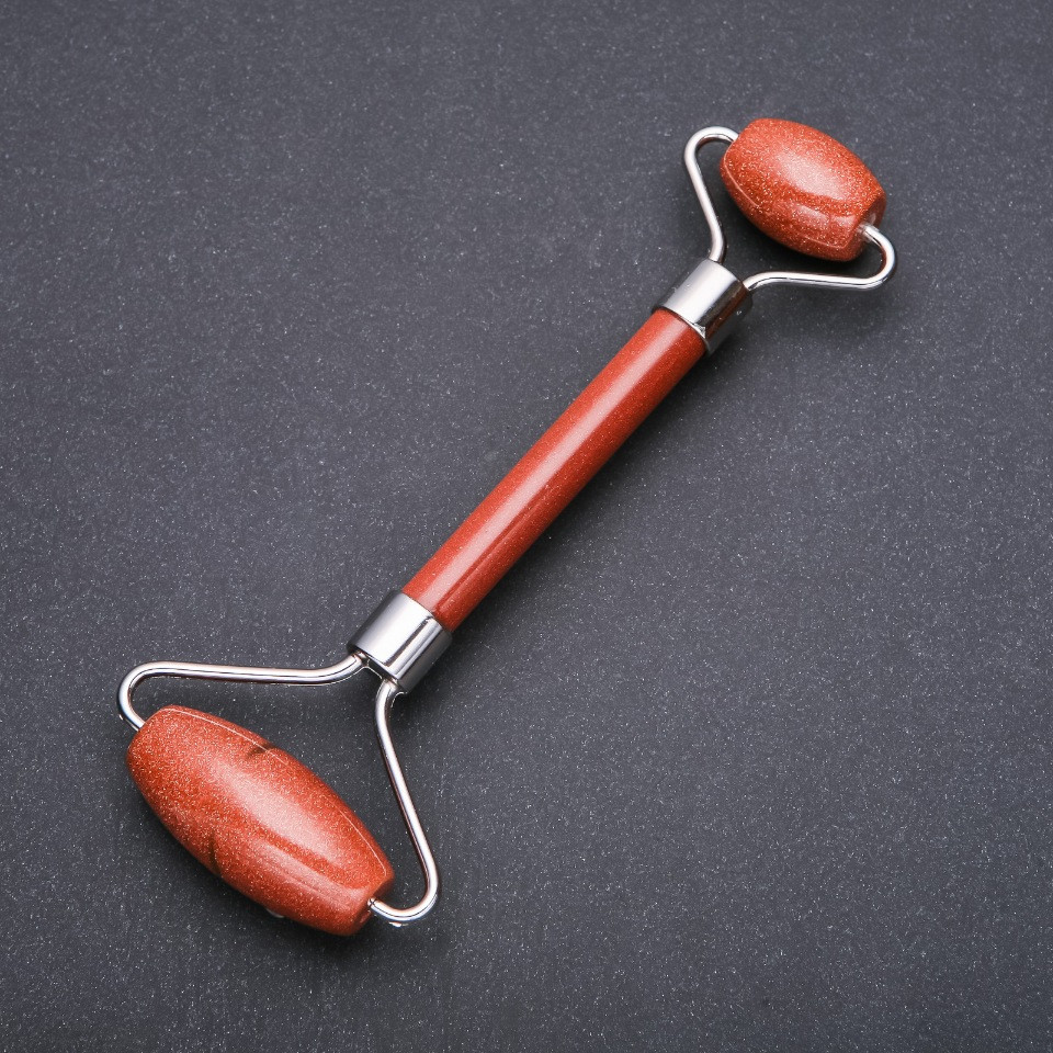 Масажер з каменю Авантюрин золотий пісок двосторонній L-14,5см сріблястий метал, фото 1