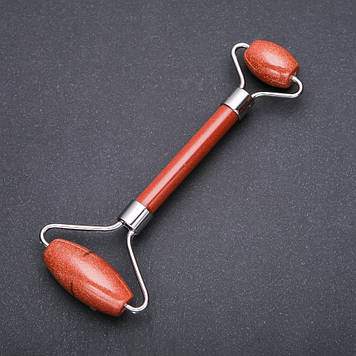 Масажер з каменю Авантюрин золотий пісок двосторонній L-14,5см сріблястий метал