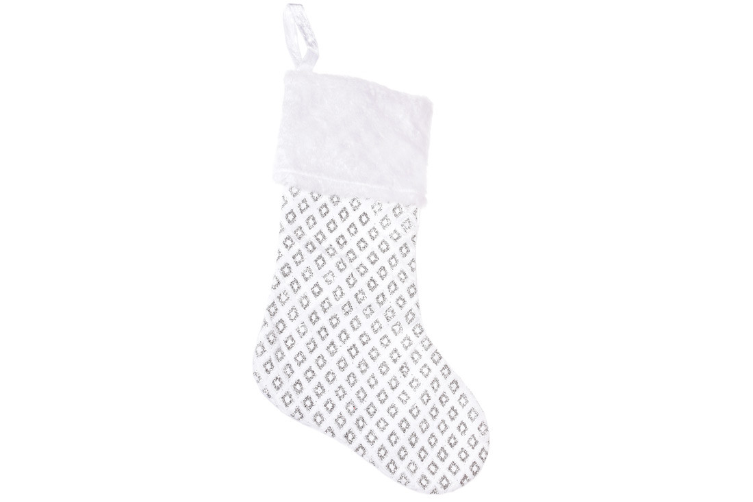 Декоративний новорічний Чобіток для подарунків 53см, колір - білий з сріблом