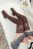 Модні коричневі бавовняні панчохи, для дівчат і жінок, вище коліна з носком і мереживною вставкою.
