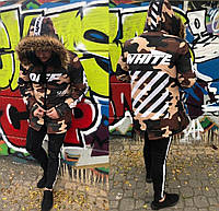 Куртка парка мужская евро зима коричневая с коричневым мехом на воротнике CAMO BROWN Off-White