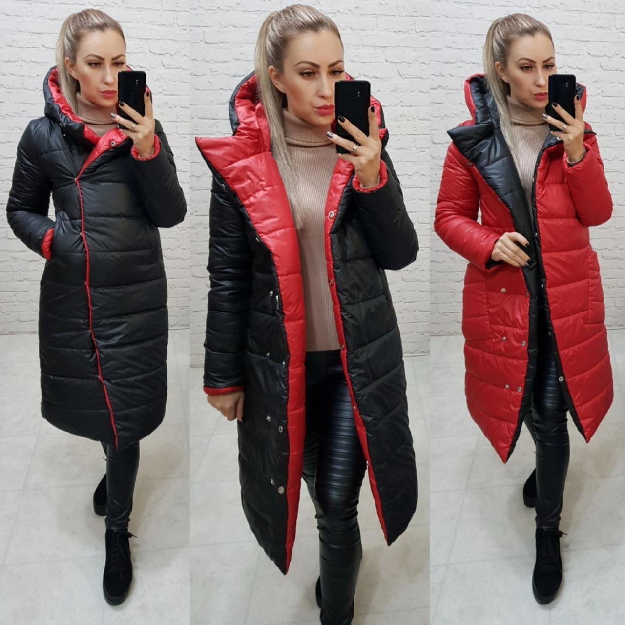 Куртка двостороння євро-зима з капюшоном арт. 1007 червоний / чорний