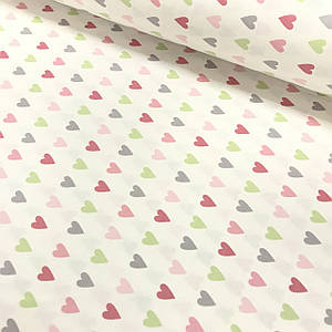 Тканина поплін сердечка сіро-зелені на білому (ТУРЦІЯ шир. 2,4 м)