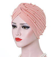Ошатна шапка чалма тюрбан рожева з намистинами