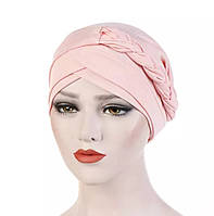 Элегантная шапка чалма розового цвета с переплетом - пол косы.