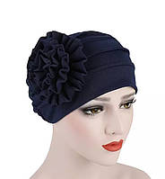 Розкішна шапка чалма тюрбан із тканинною квіткою темно-синя