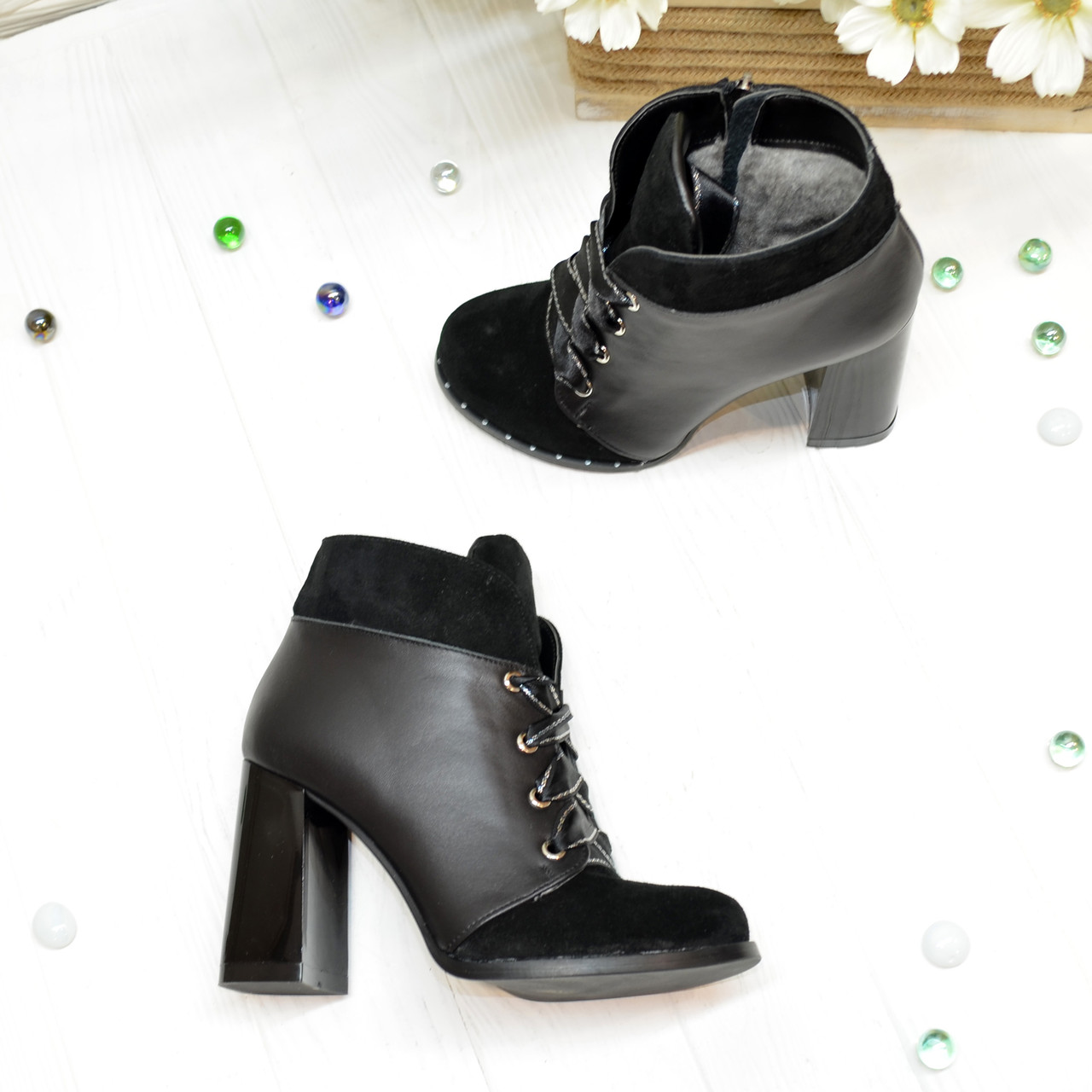 Черевики жіночі на стійкому каблуці, натуральна шкіра і замша, фото 1