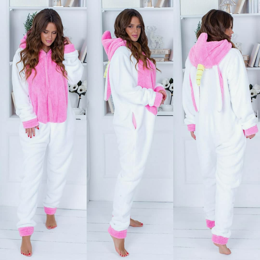 Уютная модная стильная цельная женская махровая теплая пижама Кигуруми единорог с ушками на капюшоне. Арт-4811 - фото 2 - id-p1090877700