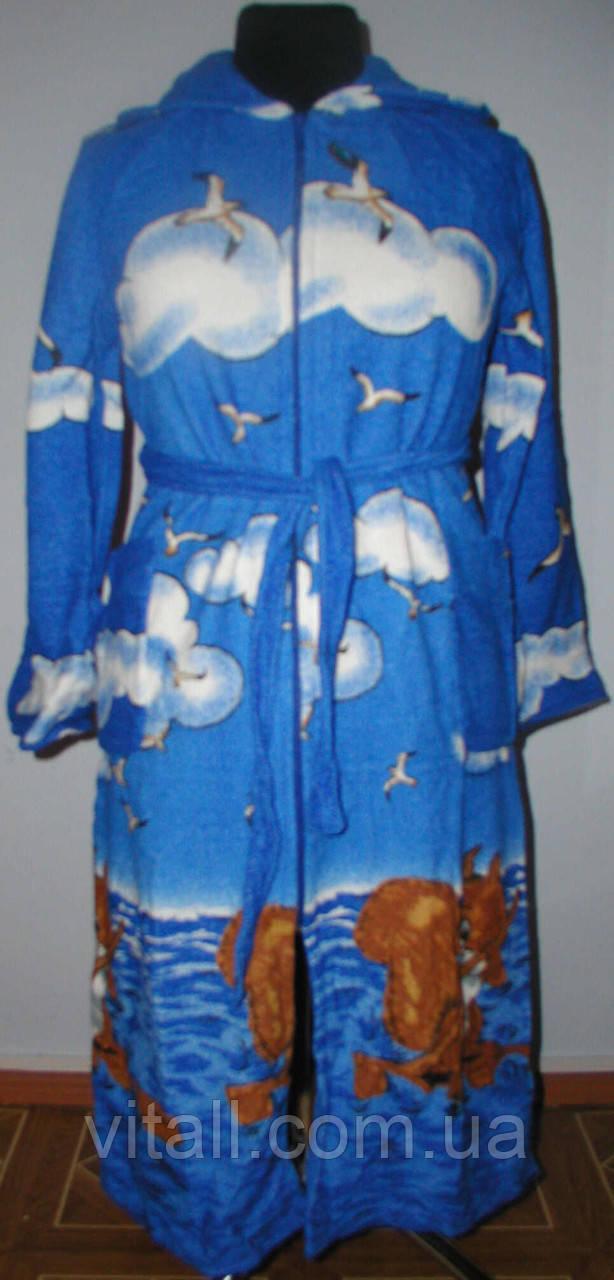 Халат махровий середній з капюшоном на замку "білка"синій