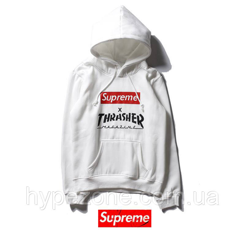 Худі Thrasher / Supreme біла з логотипом, унісекс (чоловіче, жіноче, дитяче)