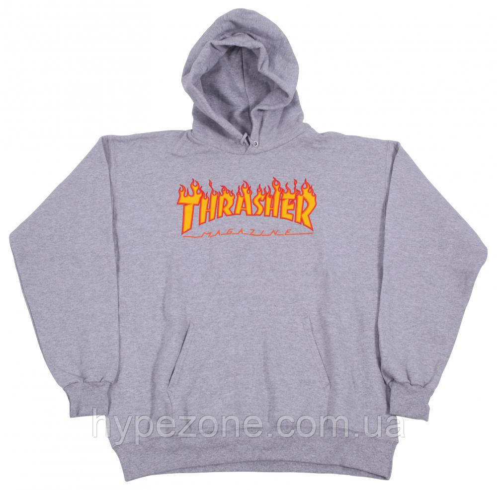 Худі Thrasher Flame сіре з лого, унісекс (чоловіче, жіноче, підліткове ) стильне Кенгуру Трешер з принтом демісезонне або зимове