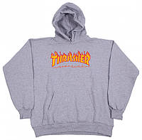 Худі Thrasher Flame сіре з лого, унісекс (чоловіче, жіноче, підліткове ) стильне Кенгуру Трешер з принтом демісезонне або зимове