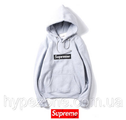 Худі Supreme чоловіче, жіноче сіре з чорним лого Сюпрім. Толстовка з капюшоном СУПРЕМ Літня \ Осіння \ Зимова, фото 1
