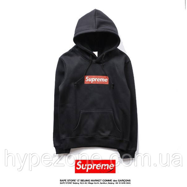 Худі Supreme чорне з червоним логотипом, унісекс (чоловіче, жіноче, дитяче)