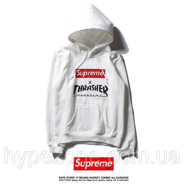 Худі Supreme & Thrasher біла з логотипом, унісекс (чоловіче, жіноче, дитяче)