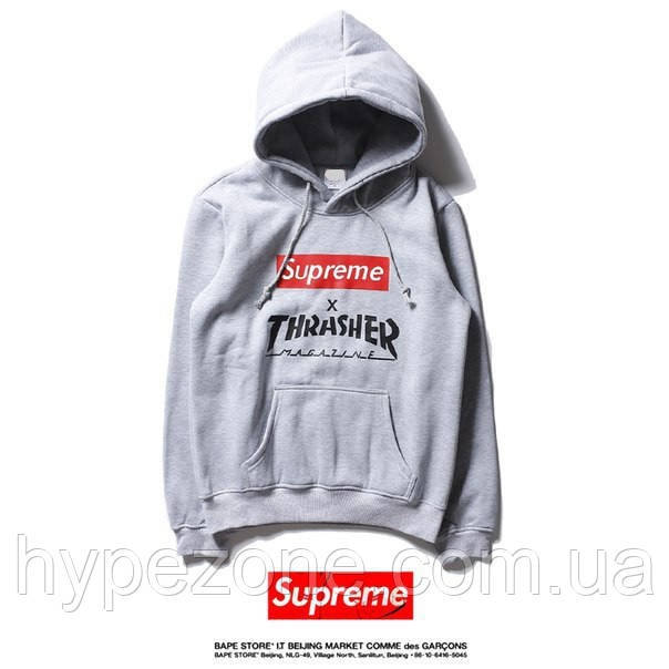 Худі Supreme & Thrasher сіре з логотипом, унісекс (чоловіче, жіноче, дитяче)