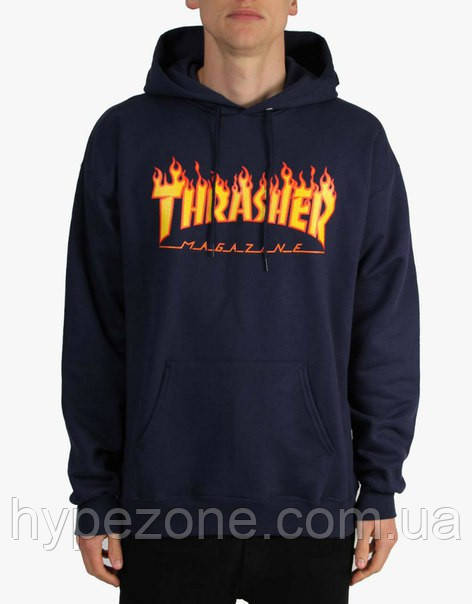 Худі Thrasher Flame темно-синє з логотипом, унісекс (чоловіче, жіноче, дитяче), фото 1